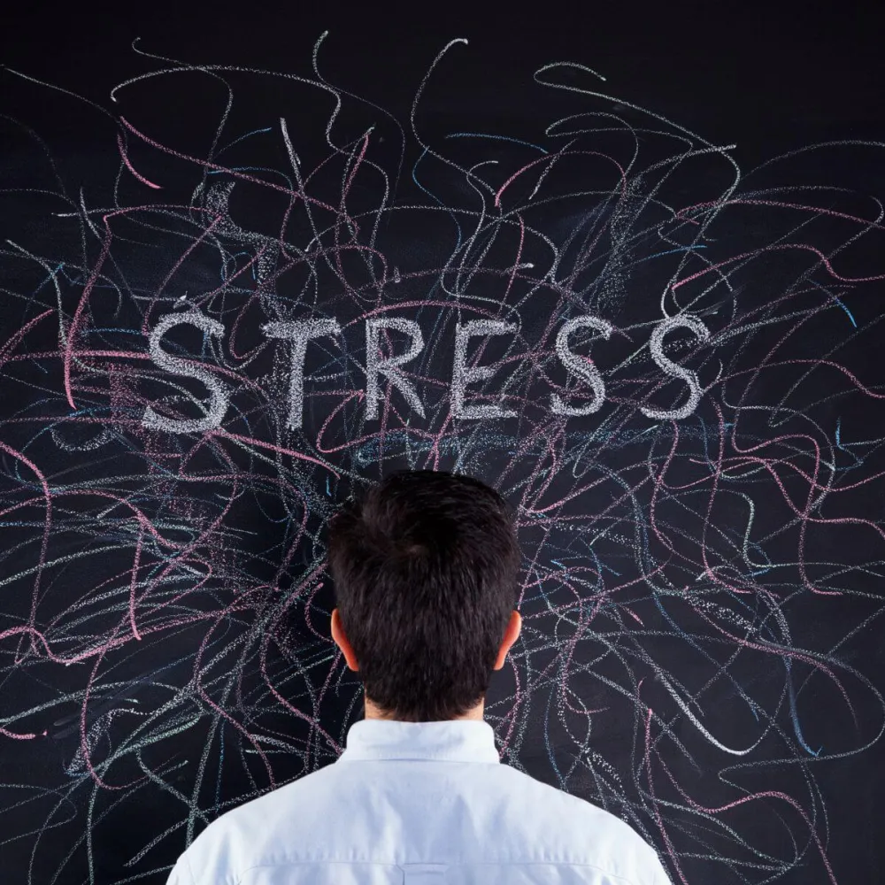 Man looking at blackboard with "stress" written on it